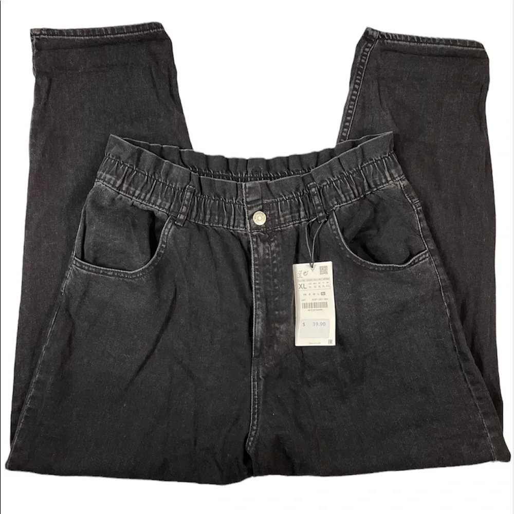 NWT Zara Black Elastic Paper Bag Waist Ultra High Rise 100% Cotton Jeans Size XL - Picture 5 of 16